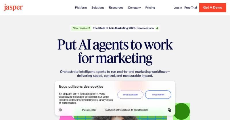 Page d'accueil de Jasper AI, outil de rédaction par intelligence artificielle
